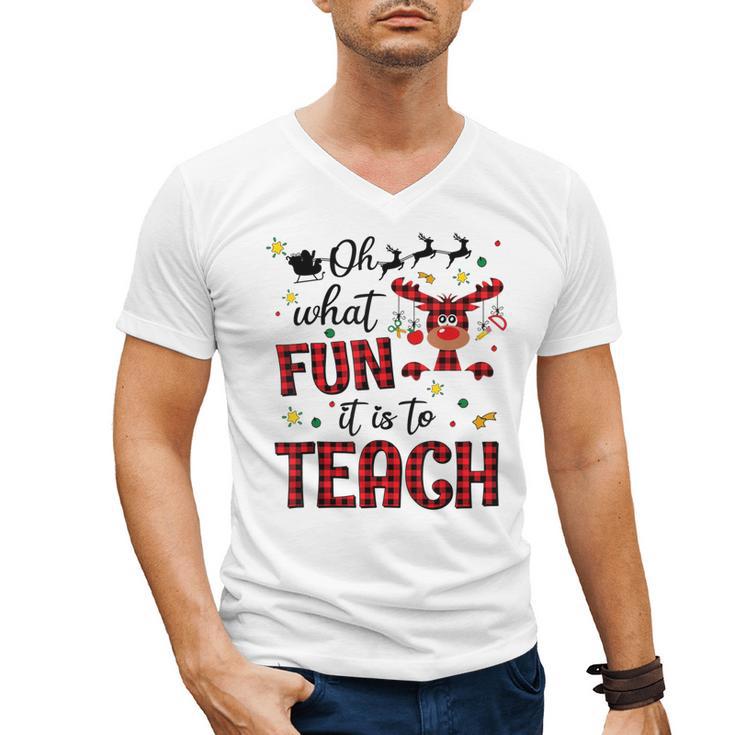 Teachers Oh What Fun It Is To Teach Cute Red Plaid Reindeer Men's V-Neck T-Shirt