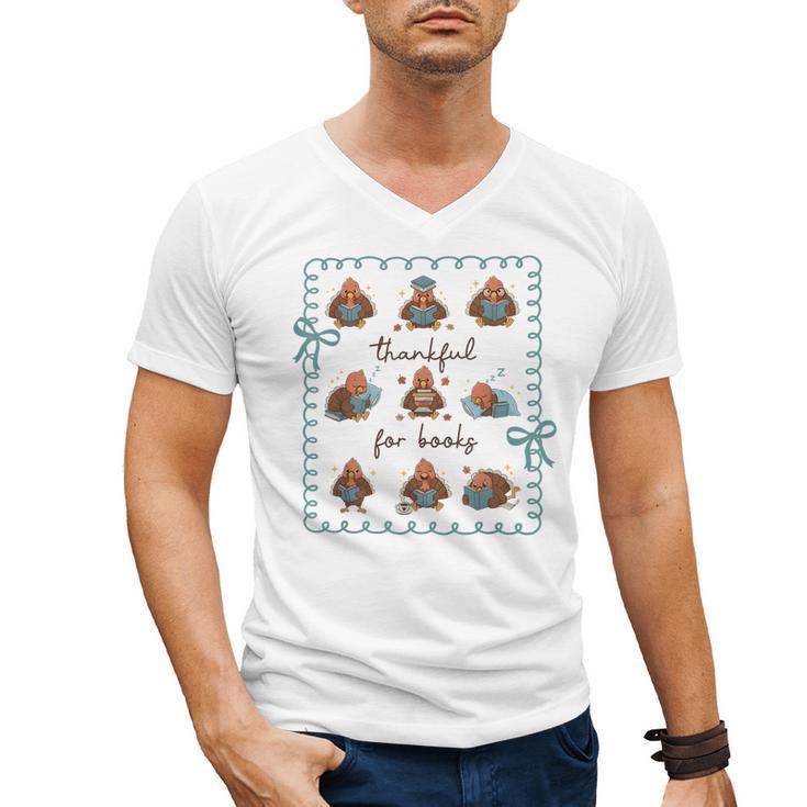 Thankful For Books Turkey Reading Book Lovers Fall Teacher Men's V-Neck T-Shirt