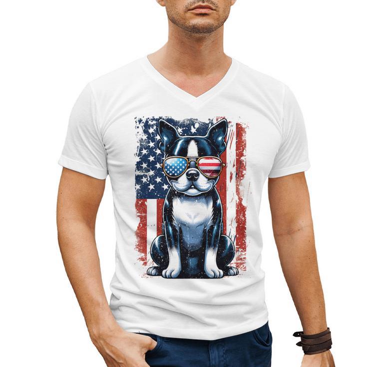 Vintage Boston Terrier Dog American US USA Flag Pets Dogs Men's V-Neck T-Shirt
