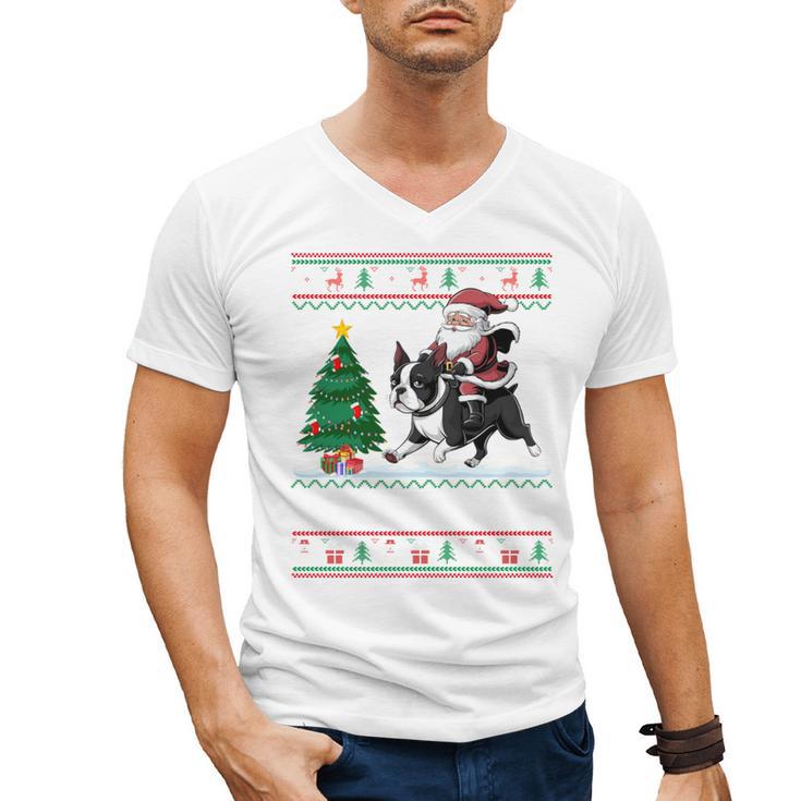 Xmas Tree Lighting Santa Riding Boston Terrier Christmas Men's V-Neck T-Shirt