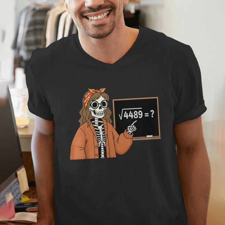 67 Math Teacher Skeleton Halloween Root 4489 Messy Bun Women Men's V-Neck T-Shirt, funny gift