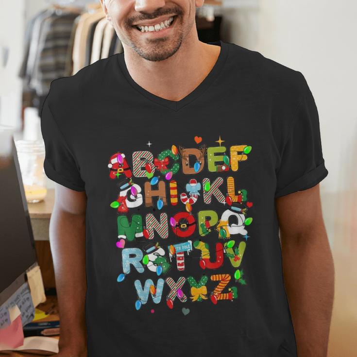 ABCs Learning Kindergarten Teacher Christmas Lights Alphabet For Men Women Kids Men's V-Neck T-Shirt, funny gift