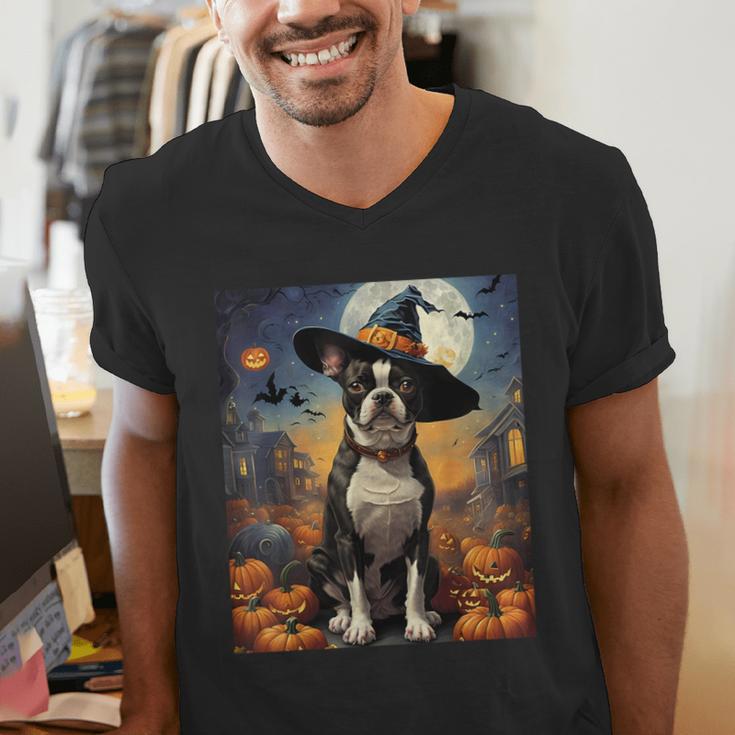 Aesthetic Halloween Boston Terrier Dog Witch Pumpkin For Men Women Kids Men's V-Neck T-Shirt, Boston Terrier Halloween Shirts, funny gift
