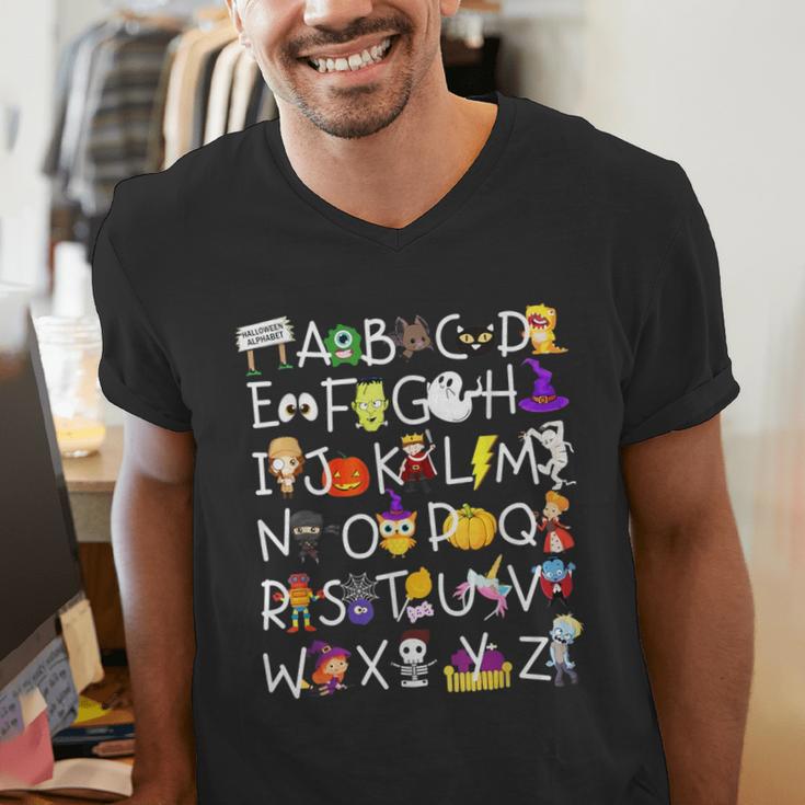 Alphabet ABCs Halloween Characters Kindergarten Teacher Kids Men's V-Neck T-Shirt, funny gift