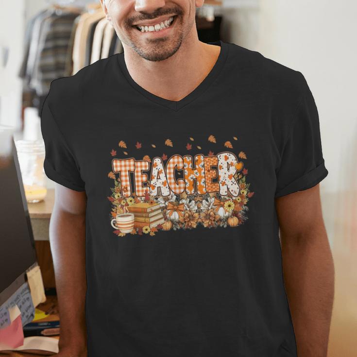 Autumn Pumpkin Thanksgiving Coffee Floral Teacher Fall Men's V-Neck T-Shirt, funny gift Autumn Pumpkin Thanksgiving Coffee Floral Teacher Fall Men's V-Neck T-Shirt, funny gift