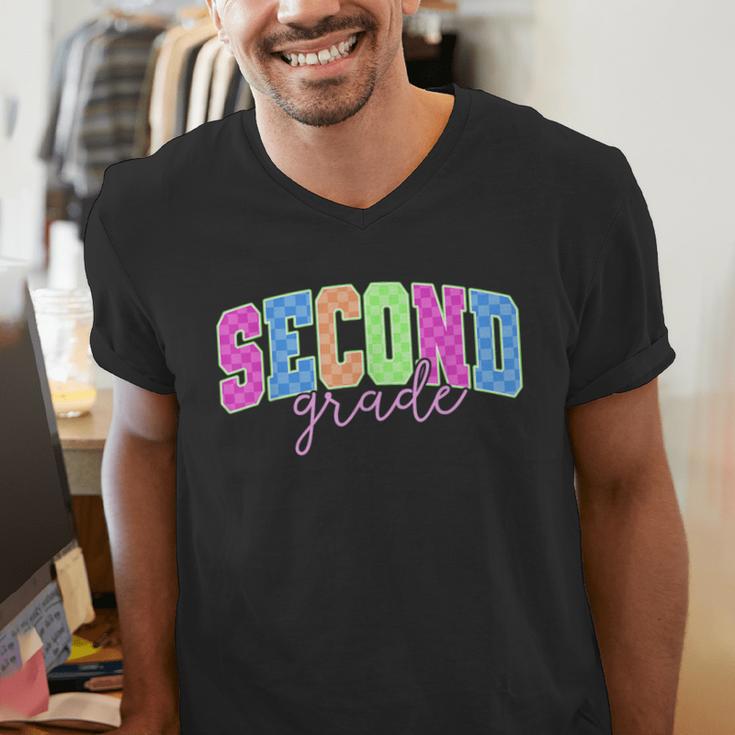 Back To School Neon Checkered Second Grade Colorful Teacher Men's V-Neck T-Shirt, funny gift Back To School Neon Checkered Second Grade Colorful Teacher Men's V-Neck T-Shirt, funny gift