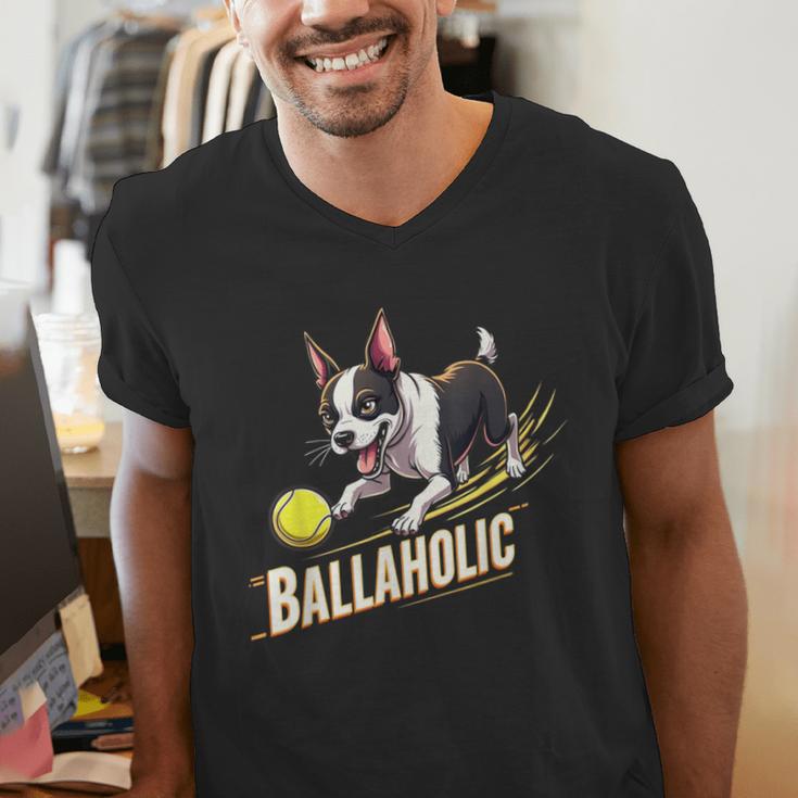 Ballaholic Boston Terrier Dog Chasing Bostie Ball Men's V-Neck T-Shirt, funny gift