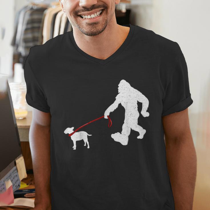 Bigfoot Walking With Bull Terrier Dog Men's V-Neck T-Shirt, funny gift
