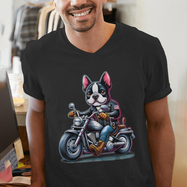 Biker Boston Terrier Dog Riding Motorbike Men's V-Neck T-Shirt, Boston Terrier Riding Shirts, funny gift