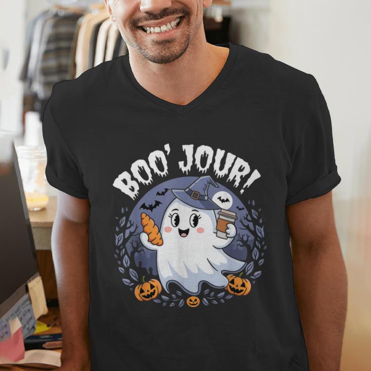 Boo Jour Ghost Halloween French Teacher Cute Coffe Croissant Men's V-Neck T-Shirt, funny gift