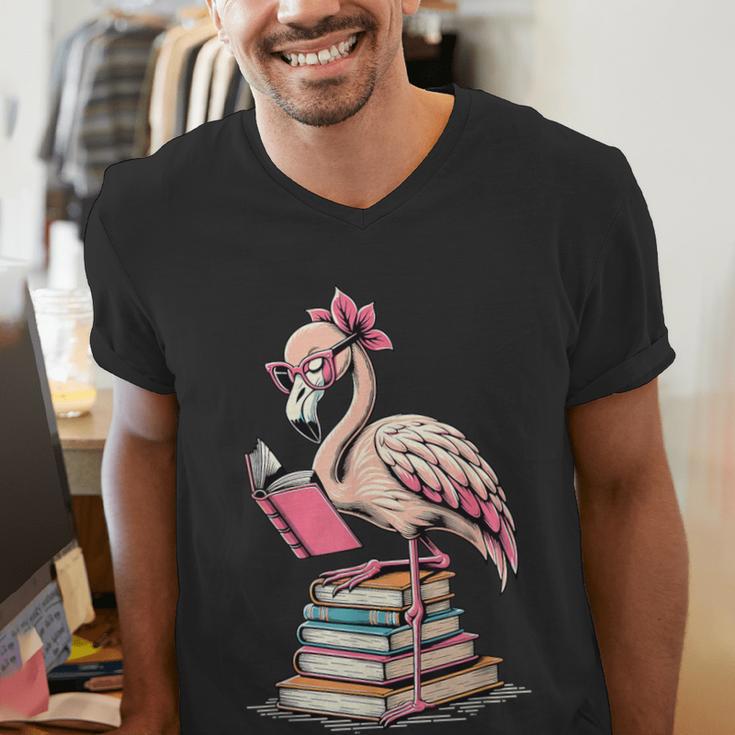 Book Lover Cute Flamingo Reading Teacher Librarian Women Men's V-Neck T-Shirt, funny gift