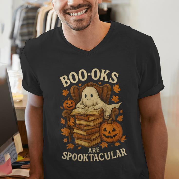 Books Are Spooktacular Ghost Book Reading Halloween Teachers Men's V-Neck T-Shirt, funny gift