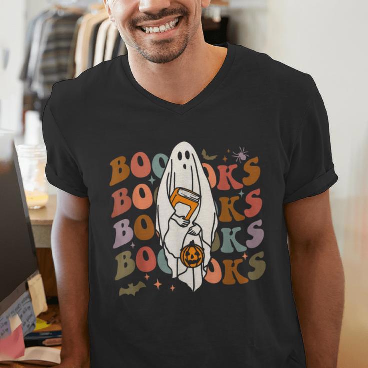 Booooks Ghost Halloween Groovy Vintage Teacher Book Reading Men's V-Neck T-Shirt, Groovy Teacher Shirts, funny gift Booooks Ghost Halloween Groovy Vintage Teacher Book Reading Men's V-Neck T-Shirt, Groovy Teacher Shirts, funny gift