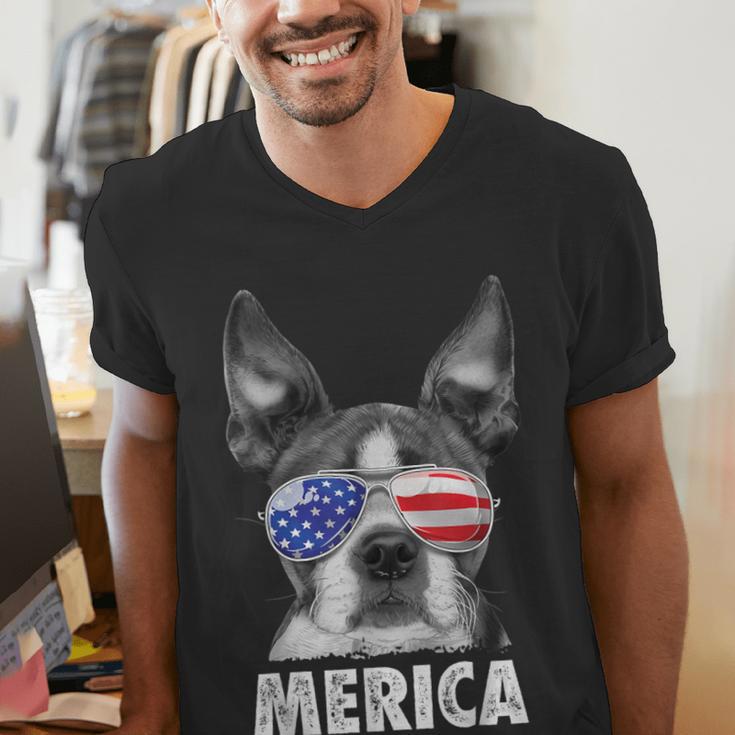 Boston Terrier 4th Of July Merica Men Women USA Flag Vintage Men's V-Neck T-Shirt, Boston Terrier 4th Of July Shirts, funny gift