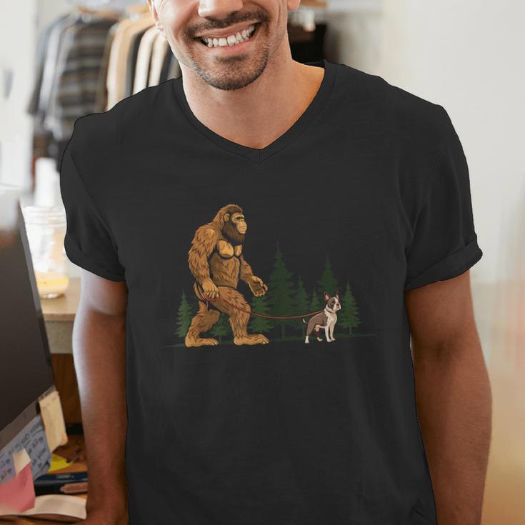 Boston Terrier Bigfoot Dog Walking Dog Mom Dad Kids Men's V-Neck T-Shirt, Boston Terrier Dad Shirts, Boston Terrier Mom Shirts, funny gift