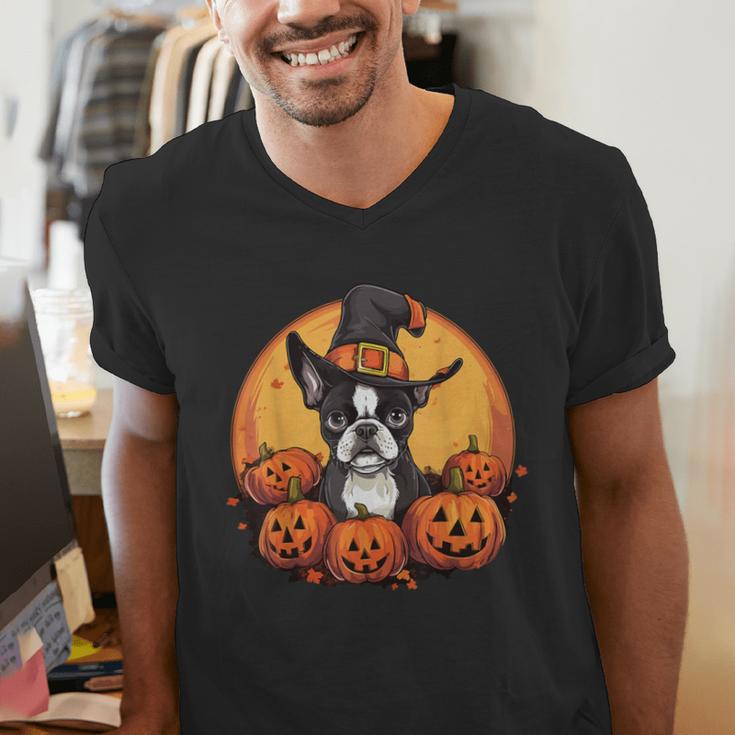 Boston Terrier Bostie Dog Breed Pet Halloween Pumpkins Men's V-Neck T-Shirt, Boston Terrier Halloween Shirts, funny gift
