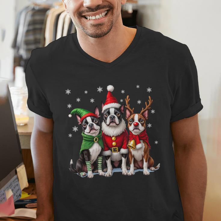 Boston Terrier Christmas Dogs Santa Reindeer Elf Men's V-Neck T-Shirt, Boston Terrier Christmas Shirts, funny gift
