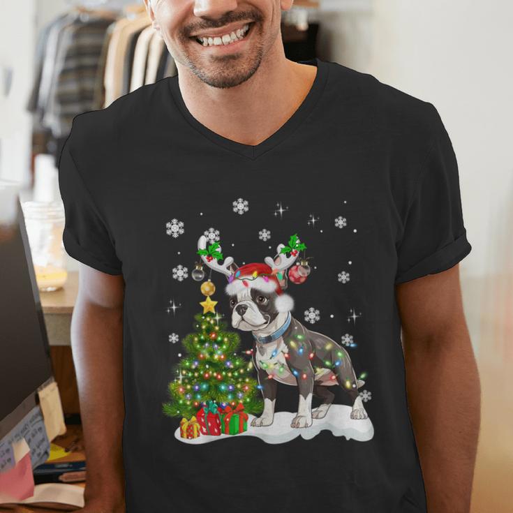 Boston Terrier Christmas Tree Lights Santa Hat Men's V-Neck T-Shirt, Boston Terrier Christmas Shirts, funny gift