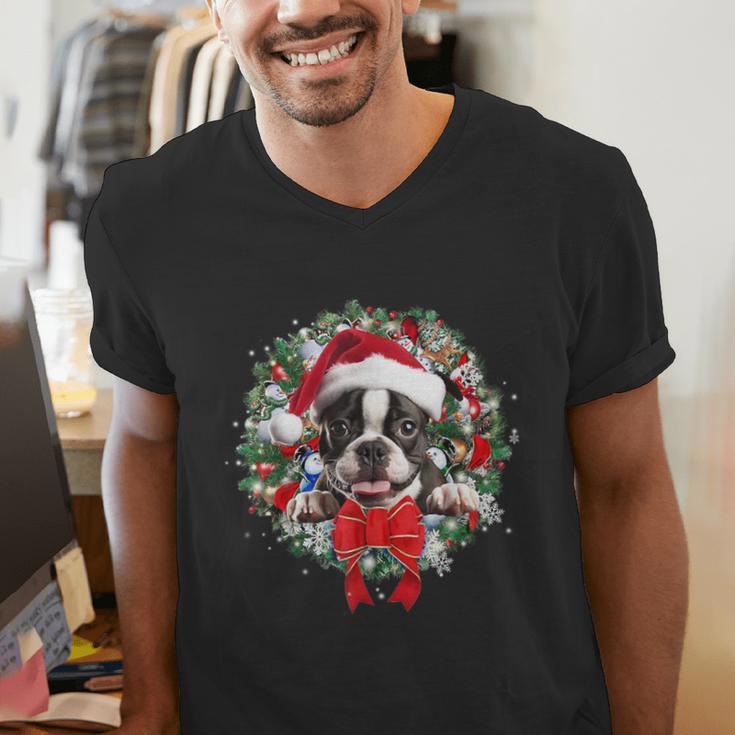 Boston Terrier Christmas Wreath Decoration Xmas Pajamas Men's V-Neck T-Shirt, Boston Terrier Christmas Shirts, funny gift