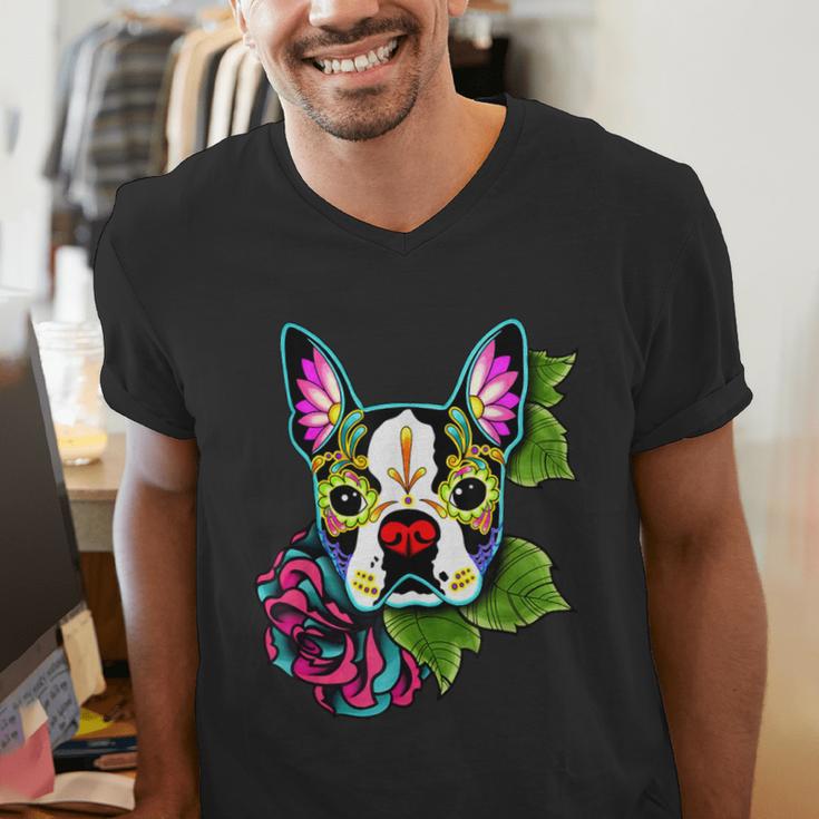 Boston Terrier In Day Of The Dead Sugar Skull Dog Men's V-Neck T-Shirt, funny gift