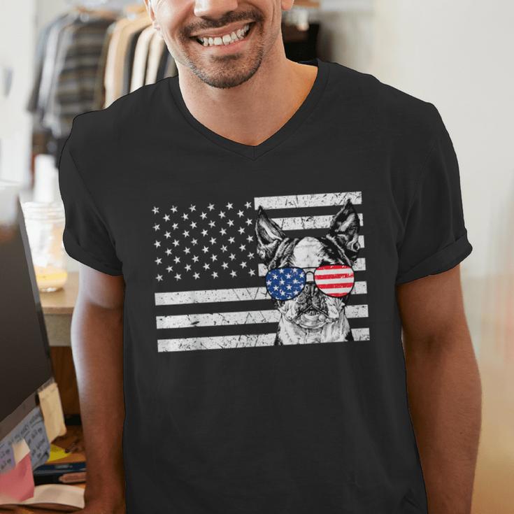 Boston Terrier Dog 4th Of July US American Flag Patriotic Men's V-Neck T-Shirt, Patriotic Boston Terrier Shirts, American Boston Terrier Shirts, Boston Terrier 4th Of July Shirts, funny gift