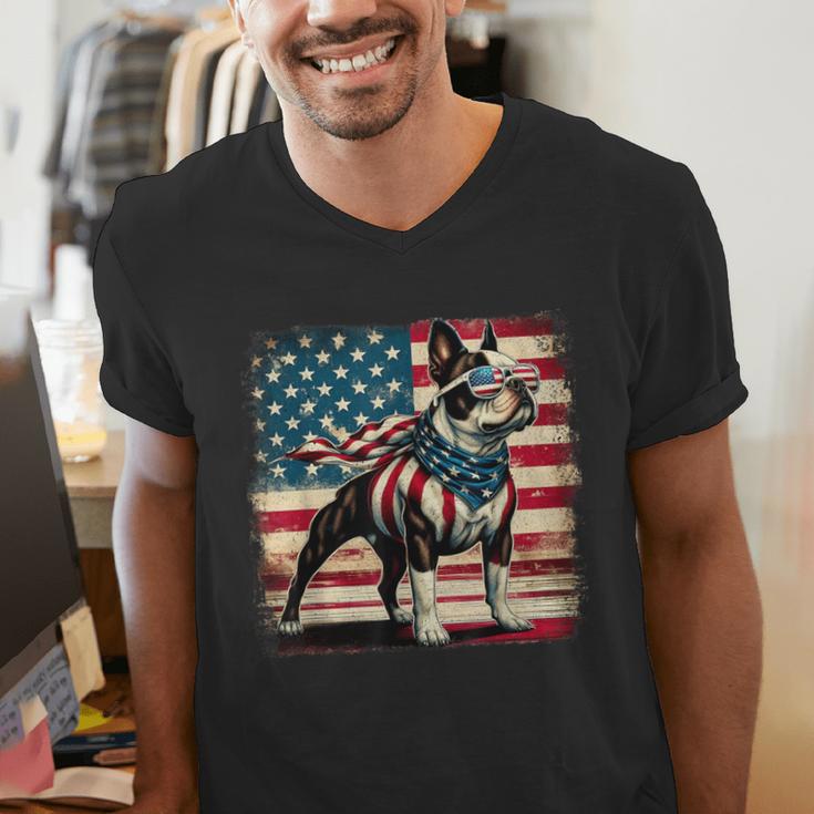 Boston Terrier Dog 4th Of July USA American Flag Patriotic Men's V-Neck T-Shirt, Patriotic Boston Terrier Shirts, American Boston Terrier Shirts, Boston Terrier 4th Of July Shirts, funny gift