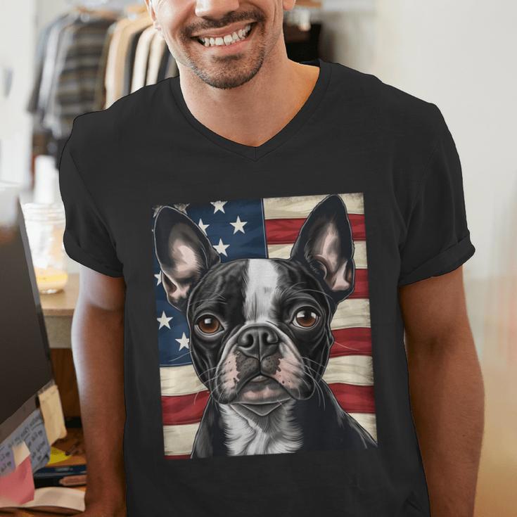 Boston Terrier Dog American Flag 4th Of July Patriotic Puppy Men's V-Neck T-Shirt, Patriotic Boston Terrier Shirts, American Boston Terrier Shirts, Boston Terrier 4th Of July Shirts, funny gift