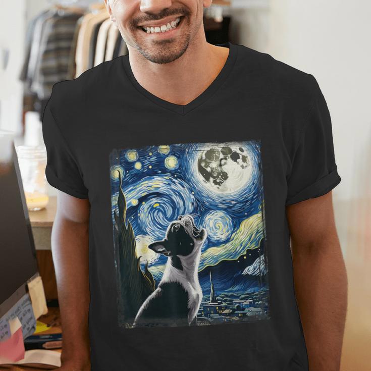 Boston Terrier Dog Art Van Gogh Starry Night Boston Terrier Men's V-Neck T-Shirt, funny gift