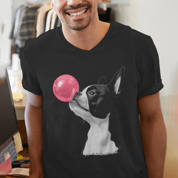 Boston Terrier Dog Blowing Chewing Bubble Gum Pink Men's V-Neck T-Shirt, funny gift