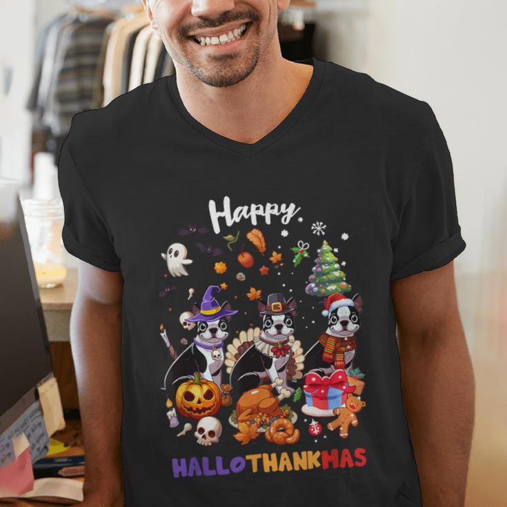 Boston Terrier Dog Christmas Happy Hallothankmas Halloween For Men Women Kids Men's V-Neck T-Shirt, Boston Terrier Halloween Shirts, Boston Terrier Christmas Shirts, funny gift