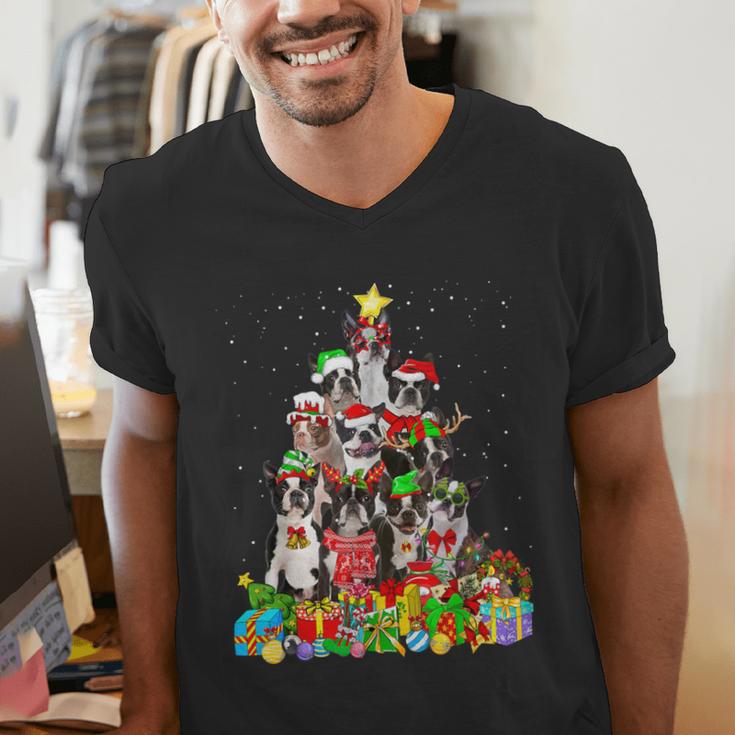 Boston Terrier Dog Christmas Tree Lights Xmas Pajama For Men Women Kids Men's V-Neck T-Shirt, Boston Terrier Christmas Shirts, funny gift