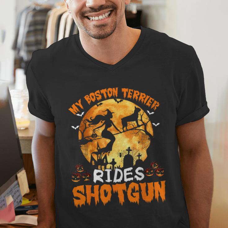 My Boston Terrier Dog Rides Shotgun Witch Halloween Men Women Men's V-Neck T-Shirt, Boston Terrier Halloween Shirts, funny gift