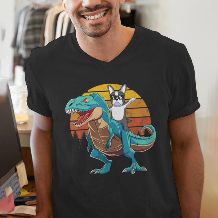 Boston Terrier Dog Riding Dinosaur T Rex Boys Men's V-Neck T-Shirt, Boston Terrier Riding Shirts, funny gift
