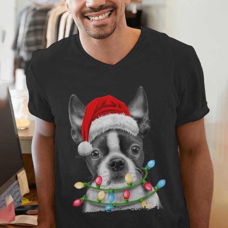 Boston Terrier Dog Santa Christmas Tree Lights Xmas Men's V-Neck T-Shirt, Boston Terrier Christmas Shirts, funny gift