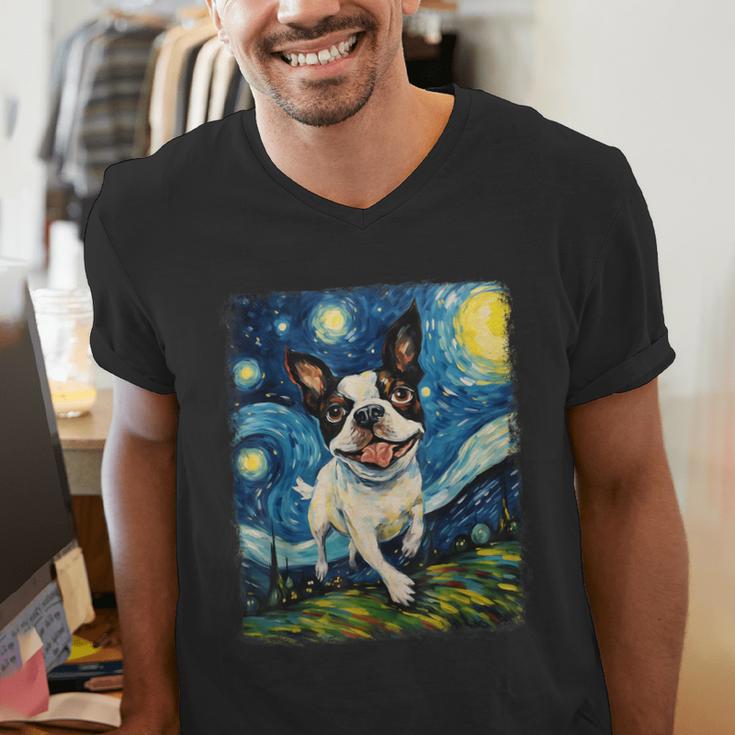 Boston Terrier Dog Starry Night Painting Men's V-Neck T-Shirt, funny gift