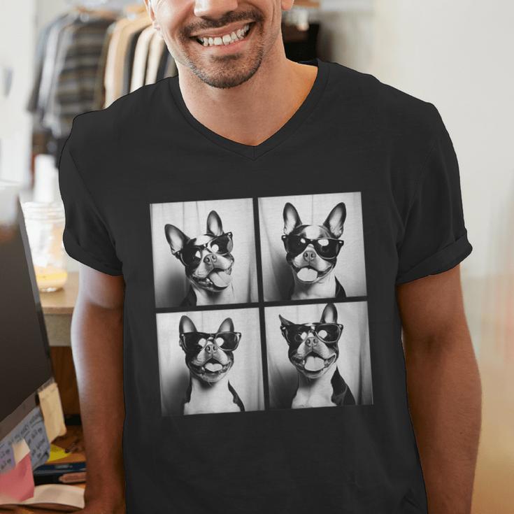 Boston Terrier Dogs With Sunglasses Photo Pets Meme Men's V-Neck T-Shirt, funny gift