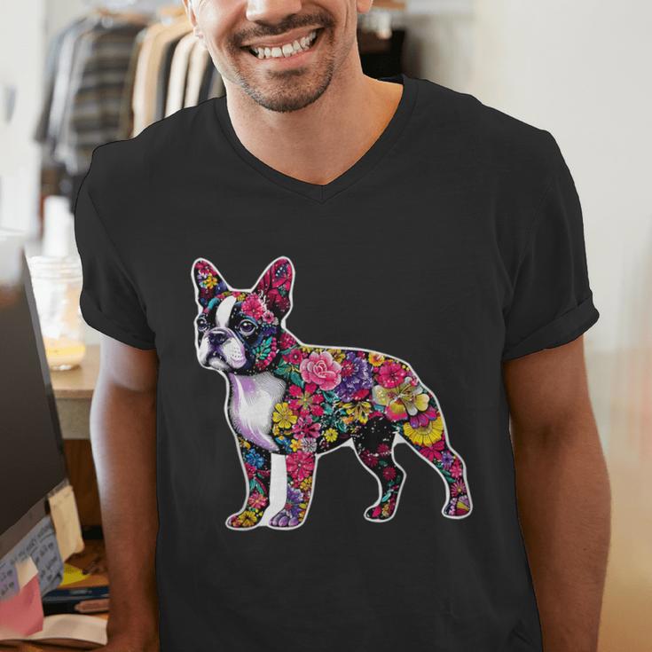 Boston Terrier Floral Dog Lover Vintage Distressed For Men Women Kids Men's V-Neck T-Shirt, funny gift