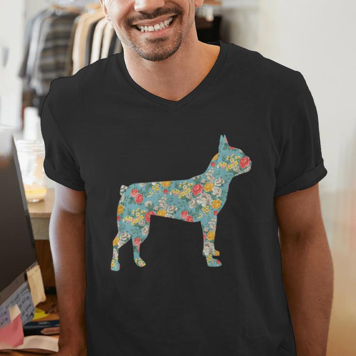 Boston Terrier Flower Silhouette Floral Dog Men Women Girls Kids Men's V-Neck T-Shirt, funny gift