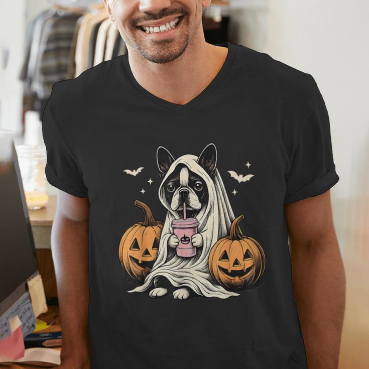 Boston Terrier Ghost Boo Halloween Costume Spooky Season Men's V-Neck T-Shirt, Boston Terrier Halloween Shirts, Boston Terrier Ghost Shirts, funny gift