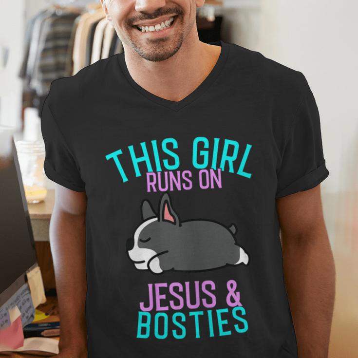 Boston Terrier This Girl Runs On Jesus And Boston Terriers Men's V-Neck T-Shirt, funny gift