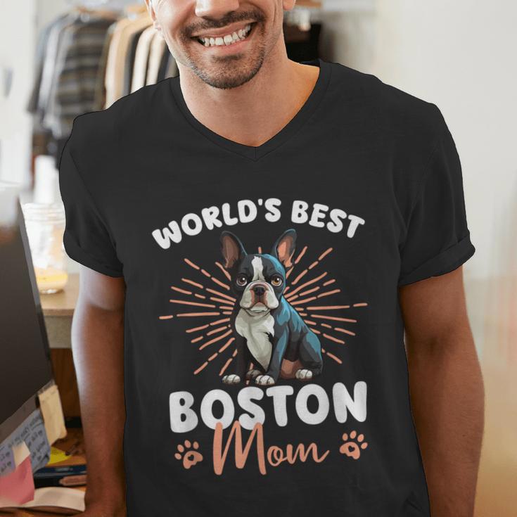 Boston Terrier Groovy World's Best Boston Mom Men's V-Neck T-Shirt, Boston Terrier Mom Shirts, funny gift