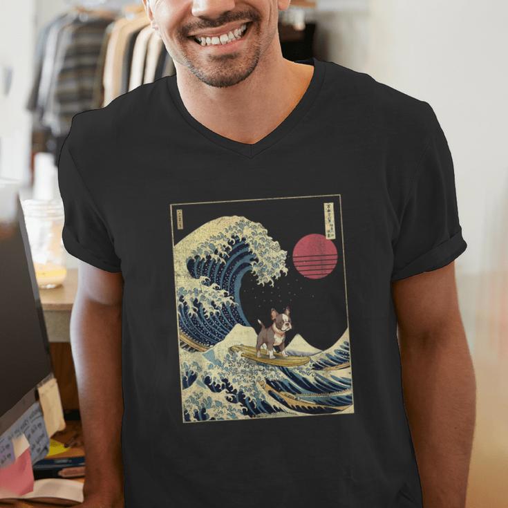 Boston Terrier Japanese Kanagawa Wave Surf Dog Men's V-Neck T-Shirt, funny gift