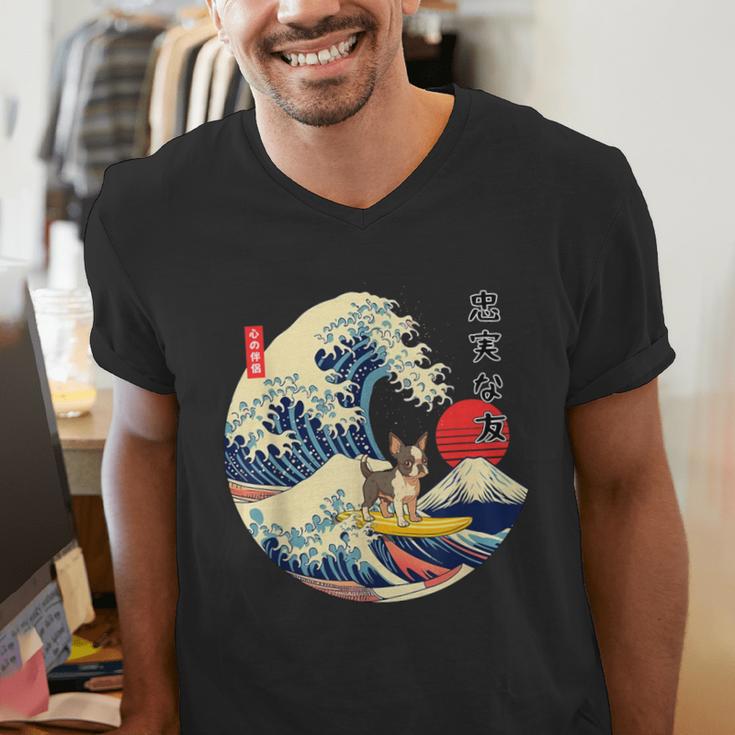 Boston Terrier Japanese Kanagawa Wave Surf Loyal Dog Men Women Kids Men's V-Neck T-Shirt, funny gift