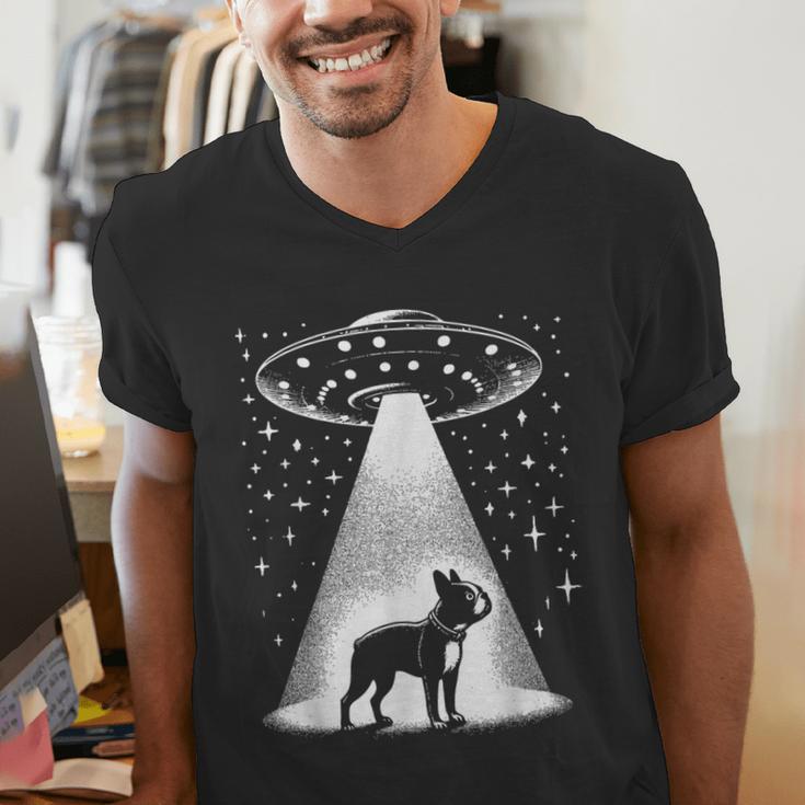 Boston Terrier Mom Dad Dog Alien UFO For Men Women Men's V-Neck T-Shirt, Boston Terrier Dad Shirts, Boston Terrier Mom Shirts, funny gift