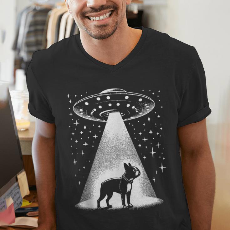 Boston Terrier Mom Dad Dog Alien UFO Men's V-Neck T-Shirt, Boston Terrier Dad Shirts, Boston Terrier Mom Shirts, funny gift