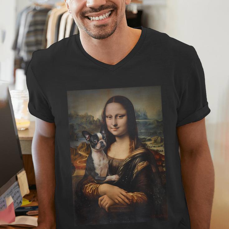 Boston Terrier Mona Lisa Painting Art Dog Mom Dad For Men Women Kids Men's V-Neck T-Shirt, Boston Terrier Dad Shirts, Boston Terrier Mom Shirts, funny gift