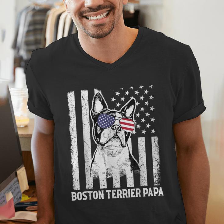 Boston Terrier Papa Cool Dog Lover USA American Flag Men Women Men's V-Neck T-Shirt, American Boston Terrier Shirts, funny gift