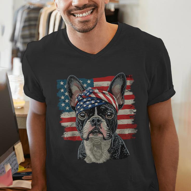 Boston Terrier Patriotic 4th Of July USA American Flag Men's V-Neck T-Shirt, Patriotic Boston Terrier Shirts, American Boston Terrier Shirts, Boston Terrier 4th Of July Shirts, funny gift