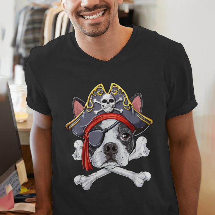 Boston Terrier Pirate T Shirt Jolly Roger Crossbones Skull Men's V-Neck T-Shirt, funny gift