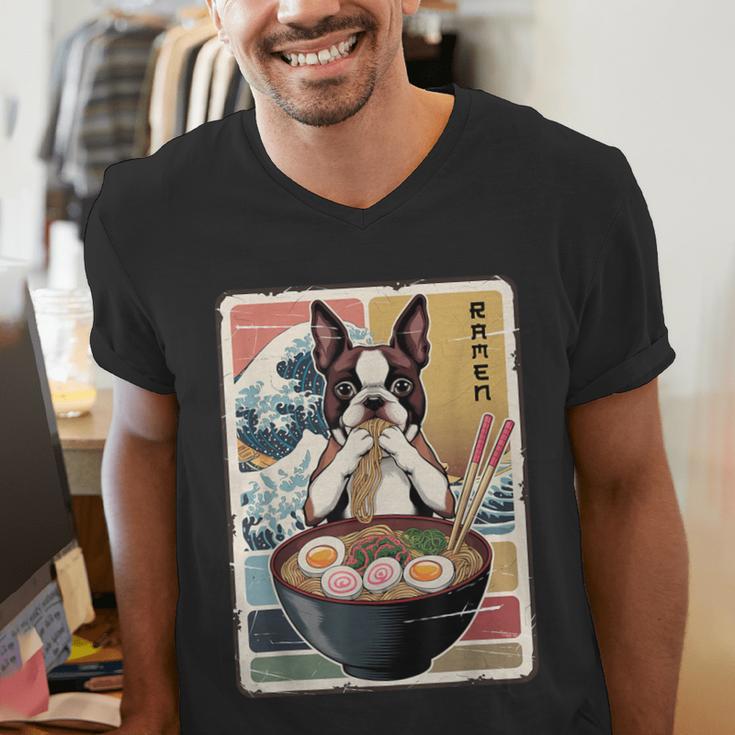 Boston Terrier Ramen Noodles Japanese Art Retro Ocean Waves Men's V-Neck T-Shirt, funny gift